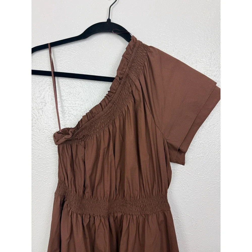 NWT J.Crew Smocked One-Shoulder Midi Dress Brown Cotton Poplin Size XS - Picture 4 of 12